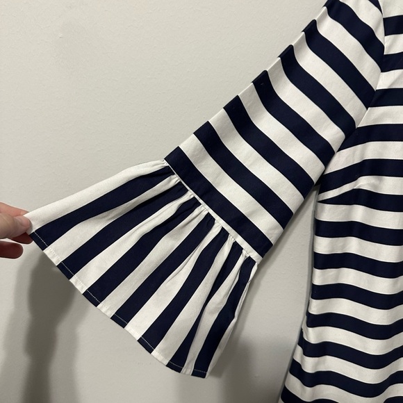 J and J Navy Blue Striped Dress with Bell Sleeves Size Large Whimsical Preppy - Picture 4 of 5